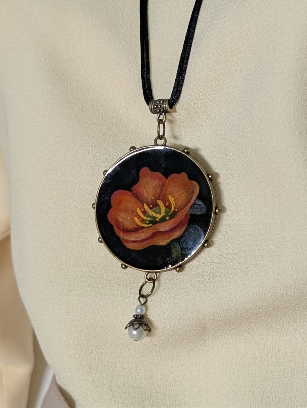 Hand-Painted Red Flower Pendant Necklace - Women Jewelry Large Poppy Flower
